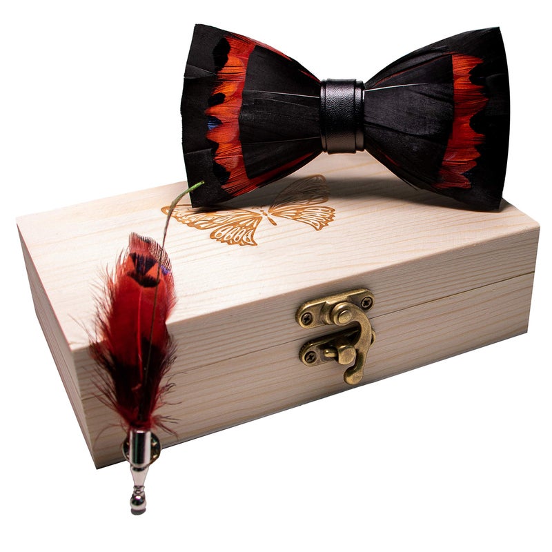 RBOCOTT Handmade Feather Red Black Pre-tied Bow tie and Brooch Sets for Men (20) - Image 5